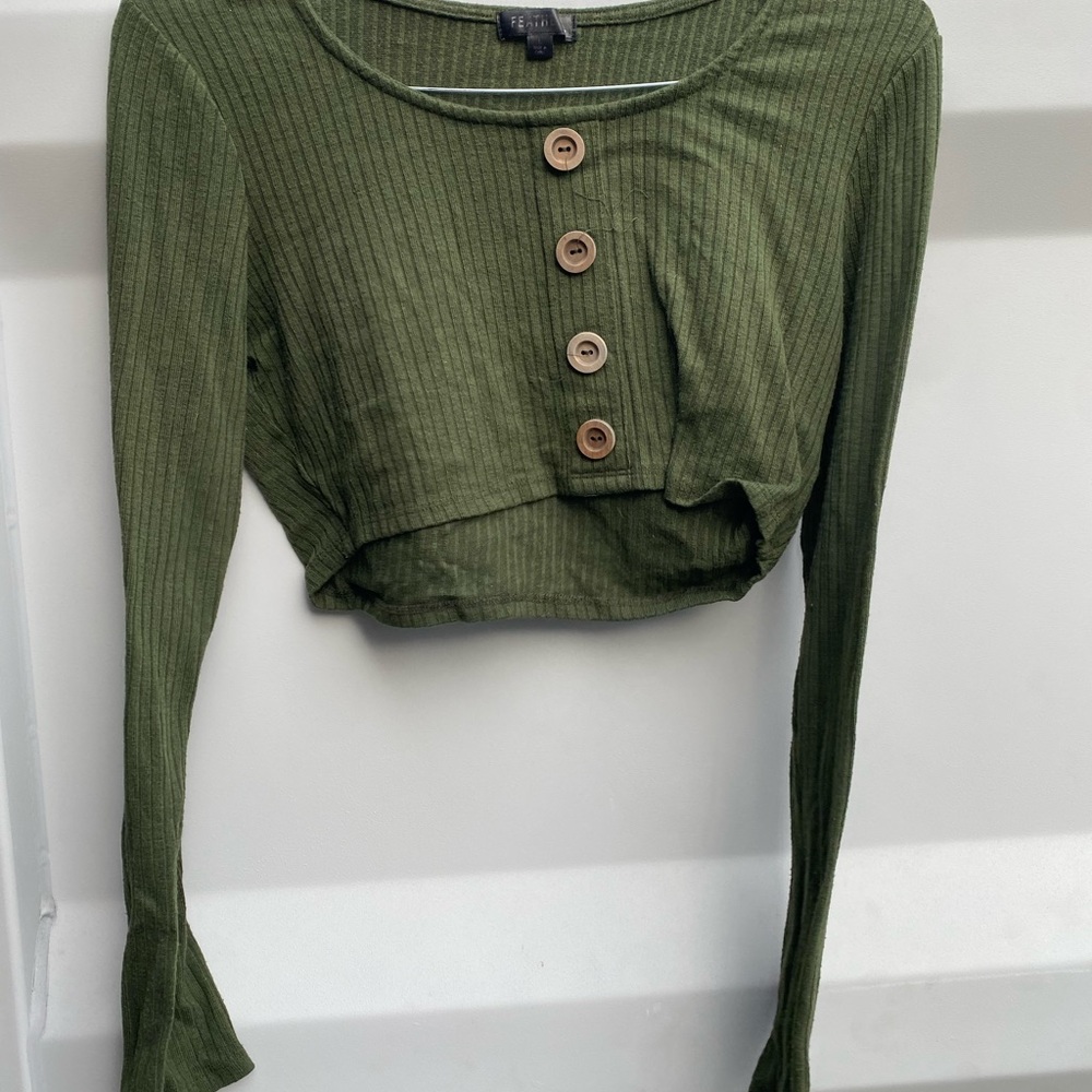 Feathers Green Ribbed Crop Button Down Shirt